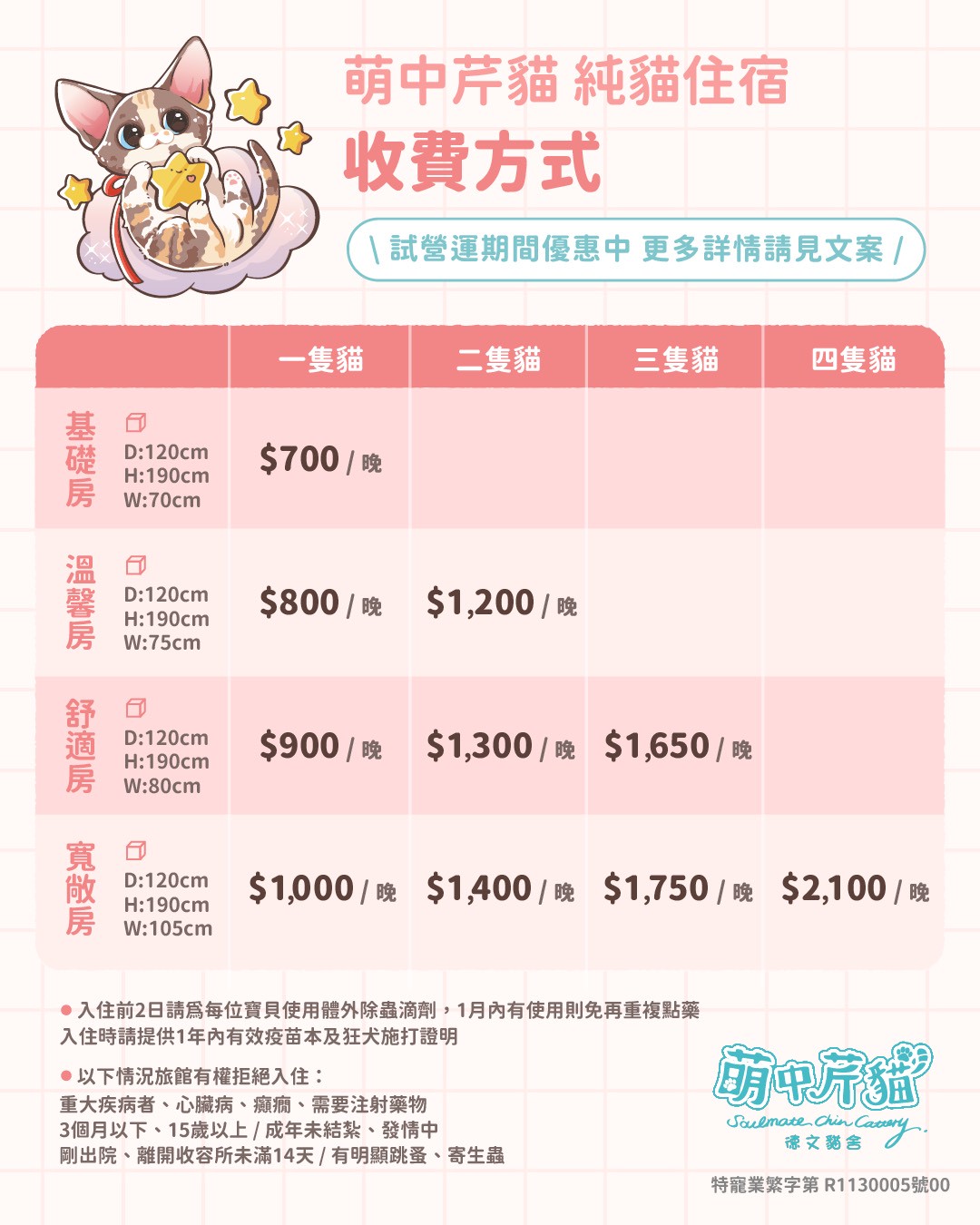 萌中芹貓純貓住宿收費方式表